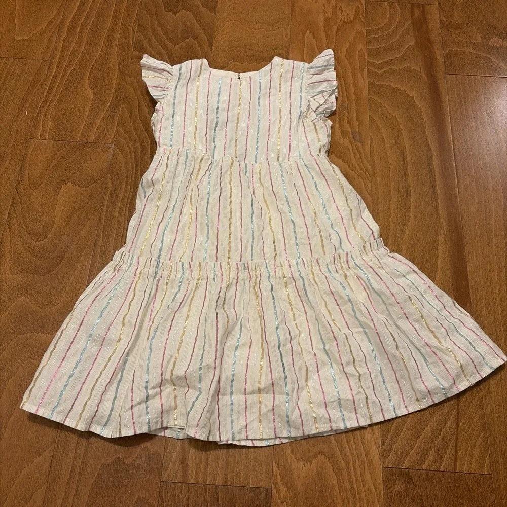 Crewcuts Girls Metallic Pink Blue Gold Stripe Size 5 Party Dress Flutter Sleeve